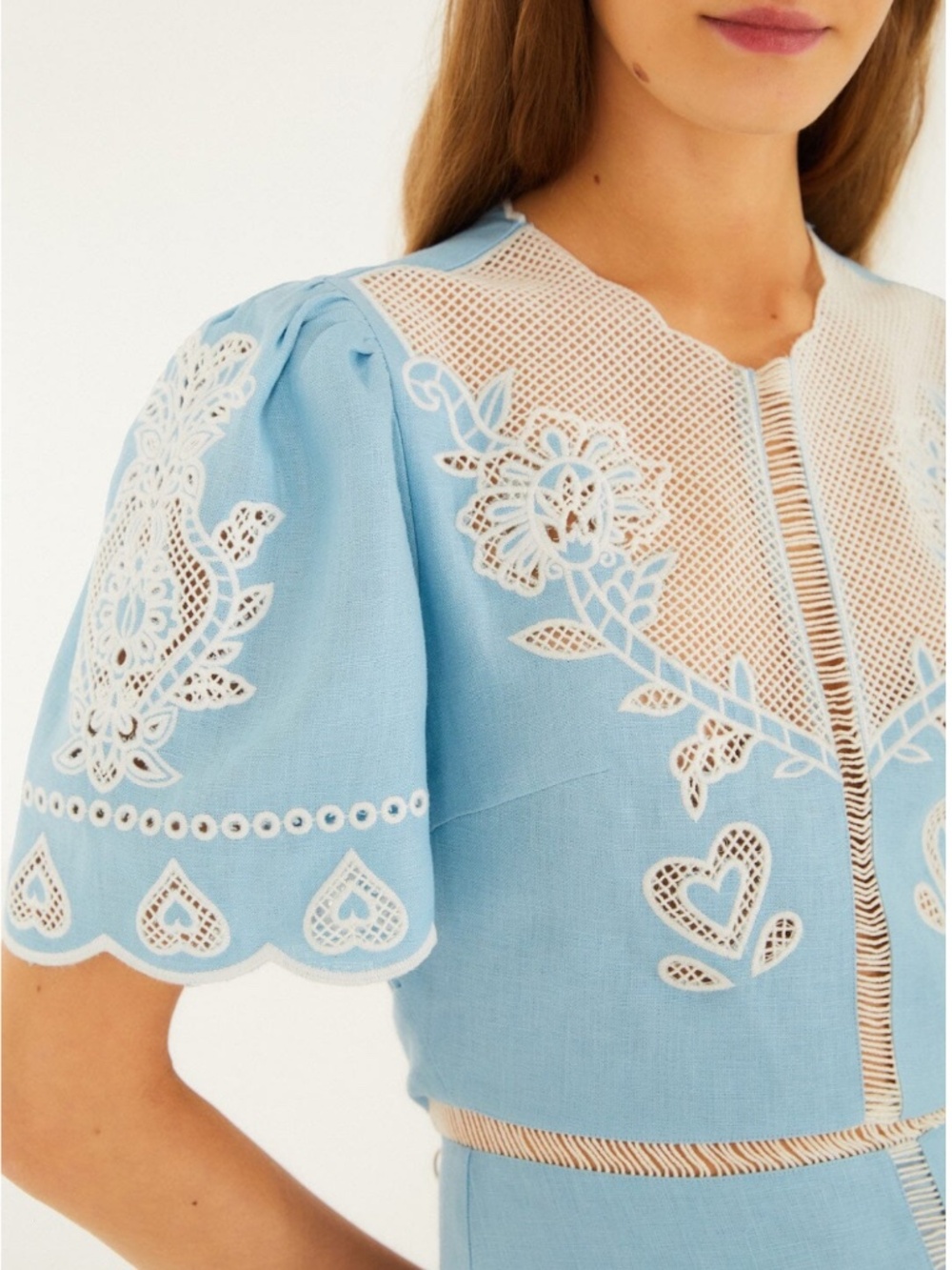 Embroidered Euroflax Premium Linene Midi Dress ~ Light Blue - Picture 2 of 5